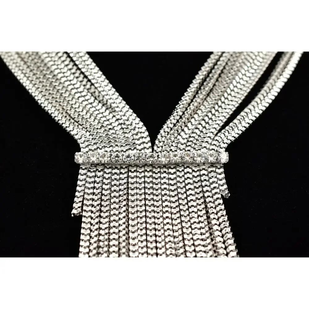 Vintage Y2K Fringe Necklace Crystal Multi-Chain Y-Drop Silver Tone Chunky Bin3B